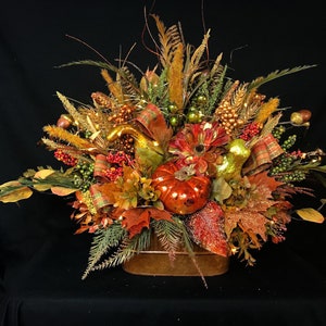 Lighted Fall Arrangement,Thanksgiving Table Centerpiece,Fall Wedding Arrangement,Fall Flower Arrangement,Pumpkins,Gourds,Fall centerpiece