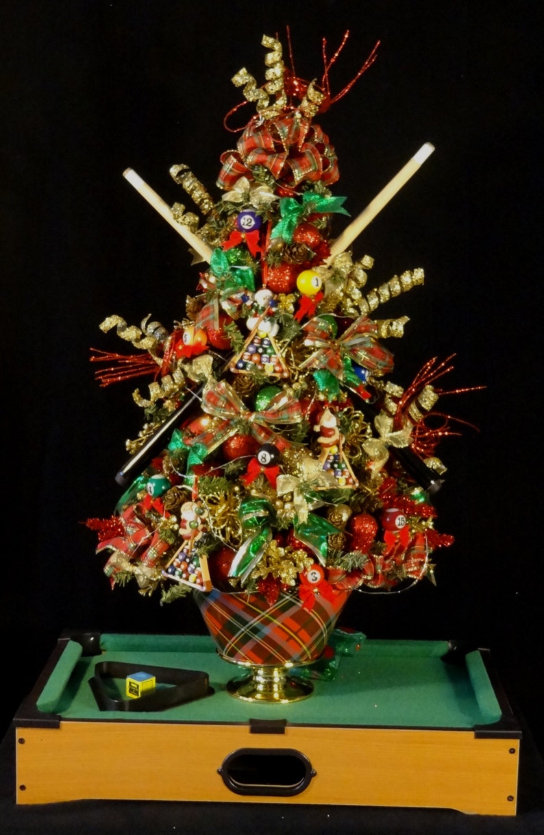 Pool Table Lighted Decorated Christmas Tree Game Room Christmas Trees Pool Room Christmas Decoration Boys Room Lighted Christmas Tree
