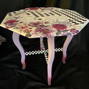 Black and White with Lavendar Occassional Table,French Country Table,Floral Table,Whimsical Table,Stripes and Harlequin Accent Furniture