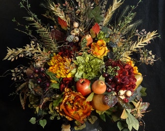 Large Tuscan Floral arrangement,Tuscany Table Centerpiece,Luxury Faux Fruit arrangement,Elegant Rustic Flower Arrangement,Feathers