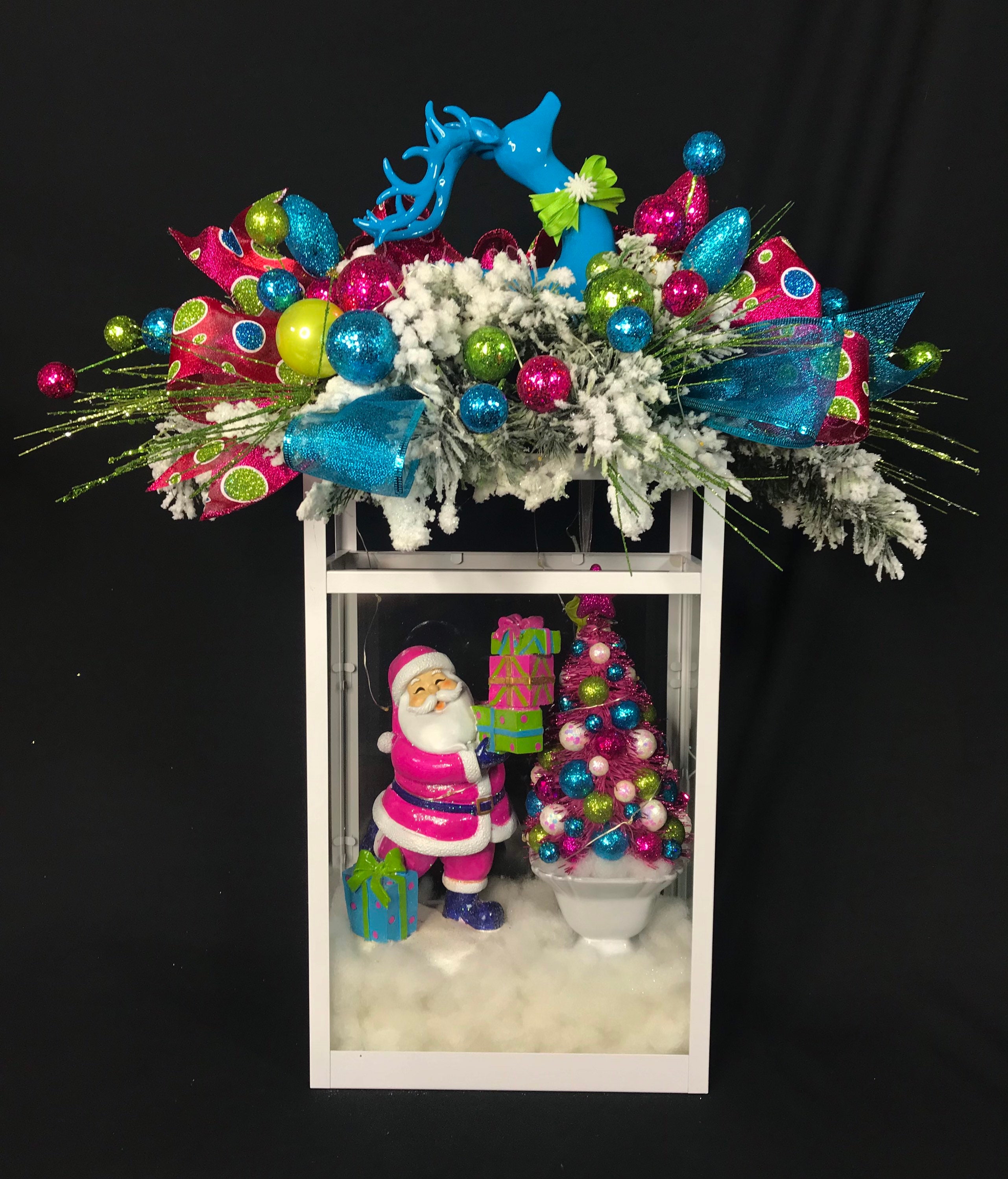 Christmas Lantern,lighted Christmas Santa Lantern,Holiday Centerpiece,Christmas Mantel Decor,colorful Blue Christmas,Blue Reindeer Lantern,