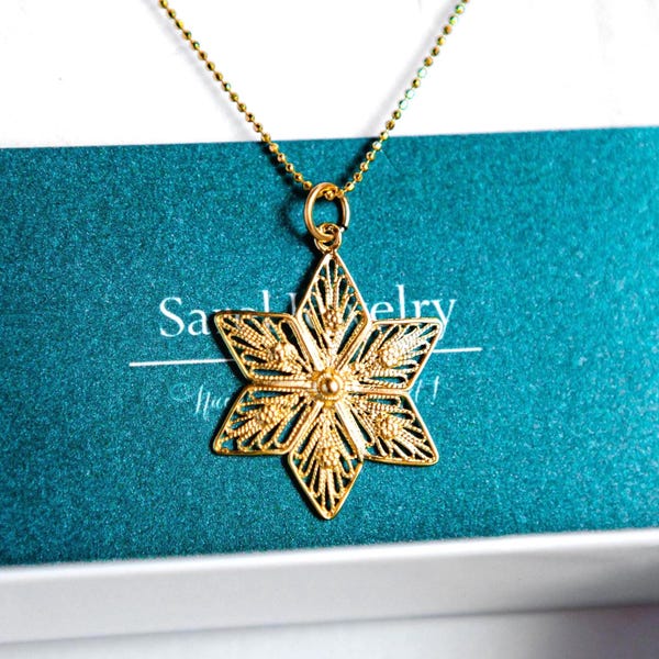 Star of David Necklace Gold Plated Silver, Filigree Magen David for Women, Israeli Flower of David Pedant Gift for Women