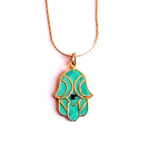 Collier Hamsa bleu en argent plaqué or 24 carats avec pierre grenat, amulette protectrice israélienne