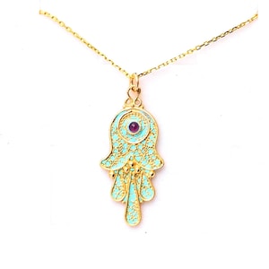 Filigree Hamsa Pendant with Garnet and Turquoise Enamel – Gold Plated Judaica Jewelry in Vintage Style Handmade in Israel