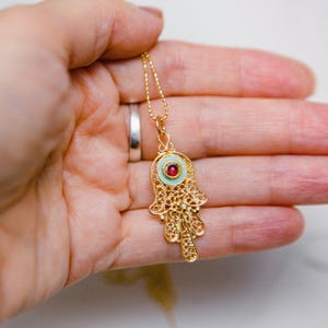 Filigree Hamsa Pendant with Garnet and Turquoise Enamel – Gold Plated Judaica Jewelry in Vintage Style Handmade in Israel