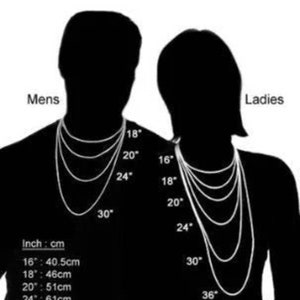 Peut inclure: Graphique noir et blanc illustrant les longueurs de cha&icirc;nes de colliers pour hommes et femmes. L'image montre des longueurs de cha&icirc;ne de 16 pouces (40,5 cm) &agrave; 36 pouces (91,5 cm), avec des &eacute;tiquettes pour chaque longueur. Le texte "Chain lengths indicator" est en haut.