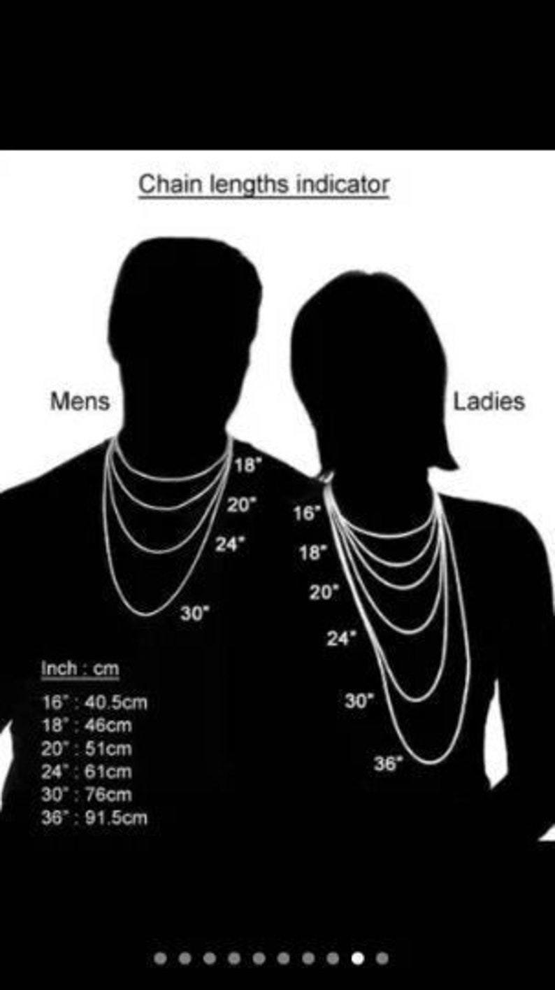 Peut inclure: Graphique noir et blanc illustrant les longueurs de cha&icirc;nes de colliers pour hommes et femmes. L'image montre des longueurs de cha&icirc;ne de 16 pouces (40,5 cm) &agrave; 36 pouces (91,5 cm), avec des &eacute;tiquettes pour chaque longueur. Le texte "Chain lengths indicator" est en haut.