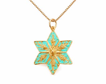 May include: A gold-toned necklace featuring a six-pointed star pendant. The pendant has a delicate filigree texture in gold metal, with bright turquoise enamel filling the spaces between the intricate, raised golden floral-like patterns.