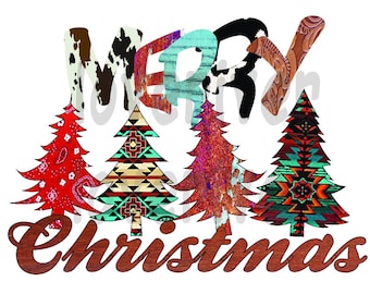 Könnte beinhalten: Ein festlicher Weihnachtsgruß mit dem Wort "Merry" in einem Patchwork aus bunten Mustern und dem Wort "Christmas" in einer Holzmaserung. Fünf stilisierte Weihnachtsbäume mit verschiedenen Mustern stehen hinter dem Gruß.