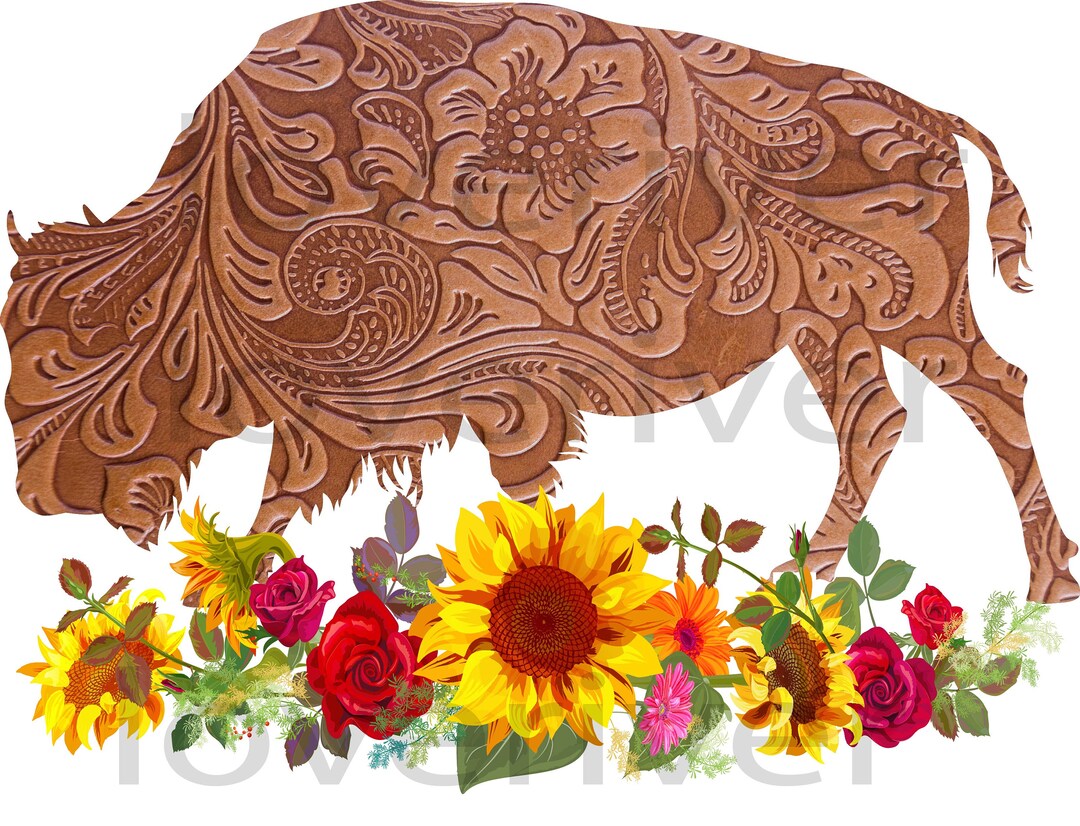 Buffalo Embossed Leather Sunflower Western Rustic PNG Sublimation