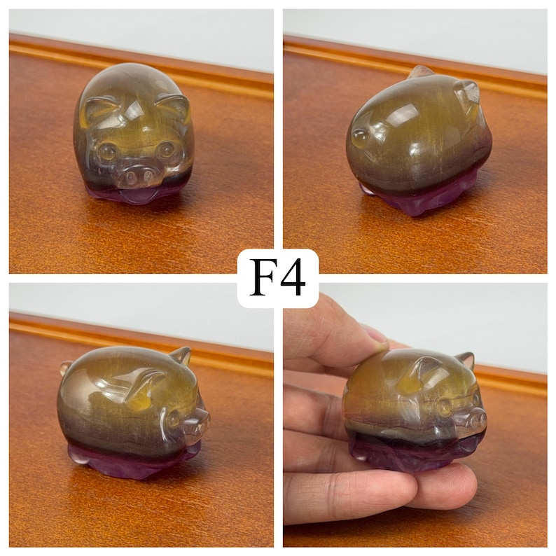 以下が含まれることがあります： 茶色、黄色、紫の色合いで彫られた宝石の豚の置物。豚には小さな耳と詳細な鼻があります。置物は木製の表面に表示されています。テキスト「F4」が画像の中央にあります。
