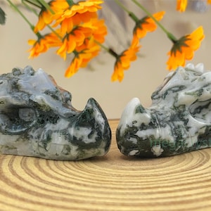 Natural Moss Agate Dragon Head Healing Crystal Carving Crafts
