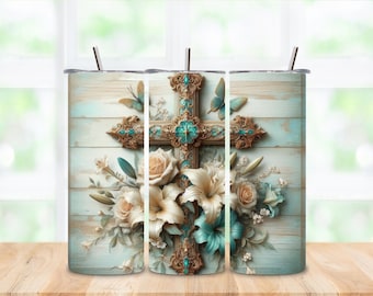 Bicchiere termico da 20 once con croce cristiana e motivi floreali