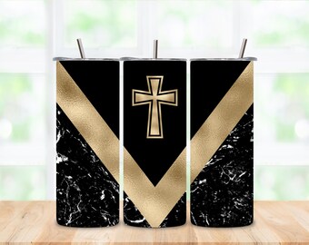 Bicchiere termico da 20 oz con croce in marmo nero e oro e design a V.