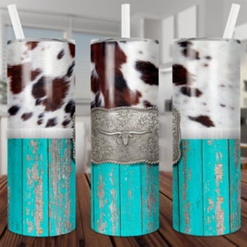 Download 20 oz or 30 oz Skinny Tumbler Cowhide Teal Wood Buckle | Etsy