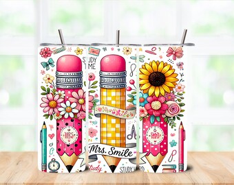 Bicchiere termico da 20 oz con motivo floreale a matita per insegnanti