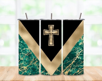 Bicchiere termico da 20 once con croce in marmo color smeraldo e oro e design a V.