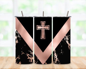 Bicchiere termico da 20 oz con croce in marmo nero e oro rosa e design a V.