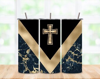 Bicchiere termico da 20 oz con croce in marmo blu e oro e design a V.