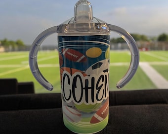 Tazza personalizzata per bambini con tappo intercambiabile e coperchio con cannuccia, tema sportivo