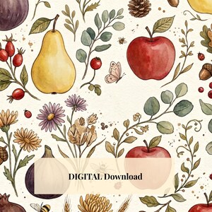 May include: A watercolour pattern featuring a yellow pear, red apples, purple flowers, green leaves, a butterfly, a bee, a ladybird, an acorn, and a pinecone on a cream background. The text DIGITAL Download is centred in a light rectangular overlay.