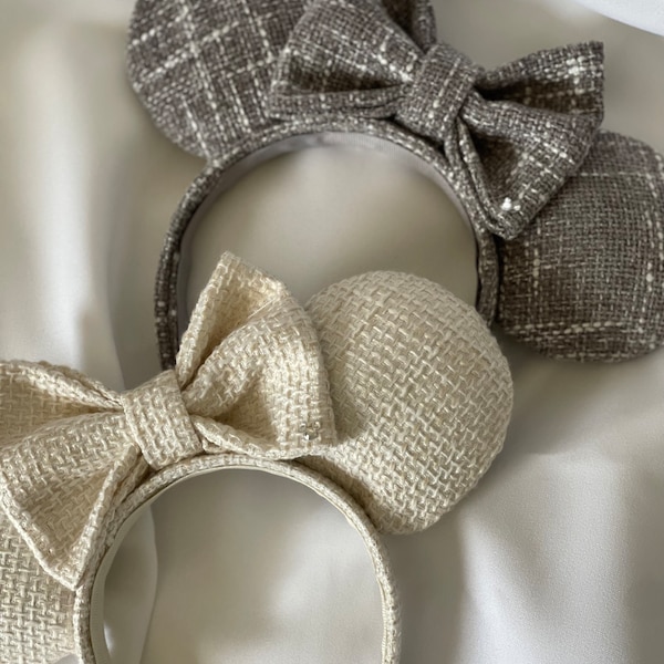 Tweed Minnie Ears Headband, Cream Tweed Minnie Ears, Gray Tweed Minnie Ears, Neutral Aesthetic Minnie Ears