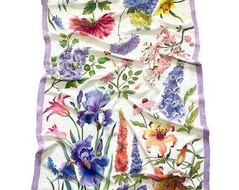 Hand Painted "My Garden" Silk Shawl 78′ * 35′ Wedding Silk Scarf Floral Shawl Mother's Day Gift.