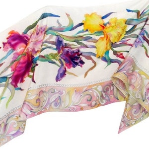 IRISES SCARF with ORNAMENT. Natural motiv silk scarf. Hand painted silk scarf.