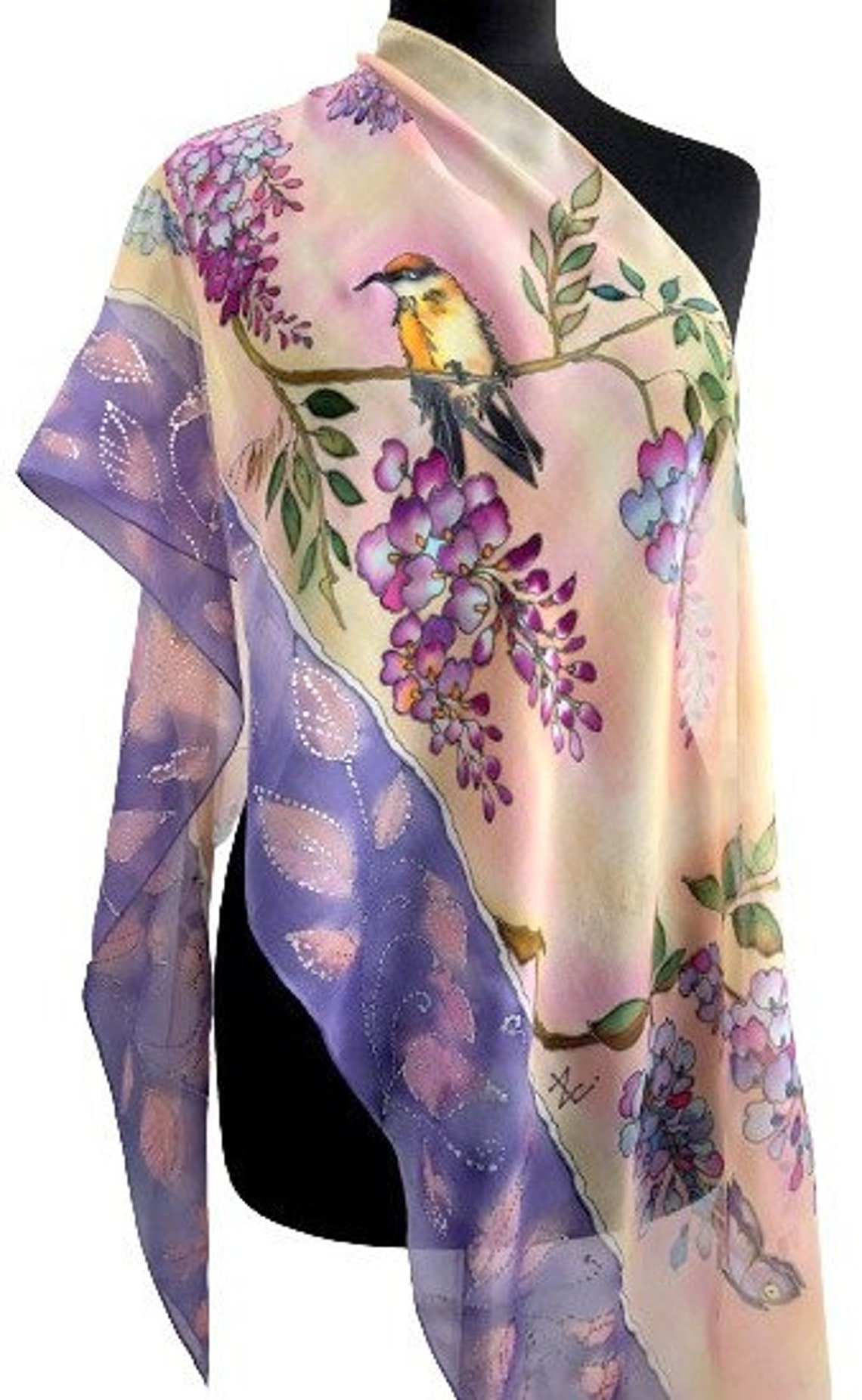 Silk Scarf Wisteria and Bird, Silk Scarf Handpainted, Flowers Silk ...