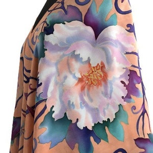 Hand Painted Silk Scarf Peonies, Autumn Colors, Gift for Her and Mom.