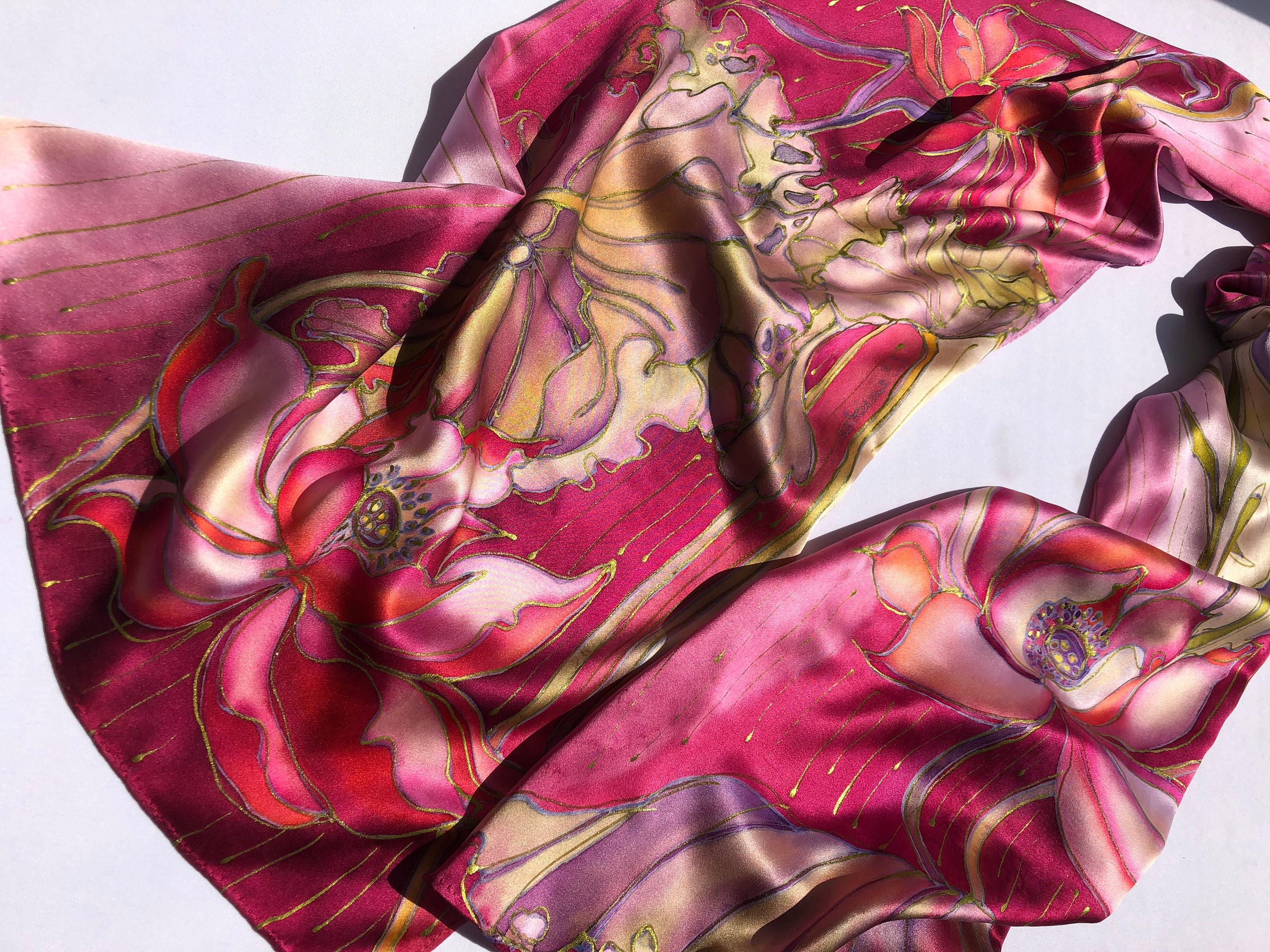 Silk scarf lotus hand painted burgundy and ocher silk scarf Etsy