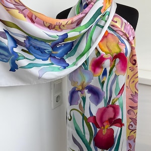 Hand Painted Silk Scarf Irises with Ornament, Garden Flowers Silk Scarf, Luxurious Silk Satin, Long Silk Scarf Irises, Mother&#39;s Day Gift.