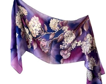 Hand painted silk scarf white hydrangea flower silk scarf purple silk scarf gift for her and mom 71 "/ 18".