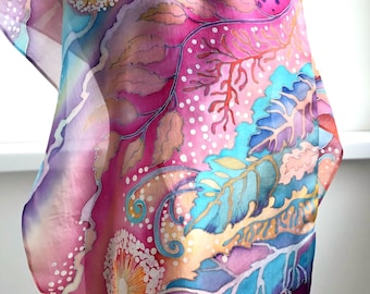 Silk scarf Leaves Natural motiv silk scarf Hand painted silk scarf Anniversary Gift women.
