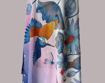Large Square Scarf Kingfisher and Lotus Flowers 100% Silk Crepe de Chine Gift for Her.