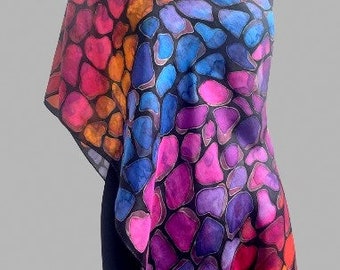 Handmålad abstrakt sidenhalsduk/ naturlig sidenpongee/ present till henne och mamma/ designerhalsduk/ födelsedagspresent.
