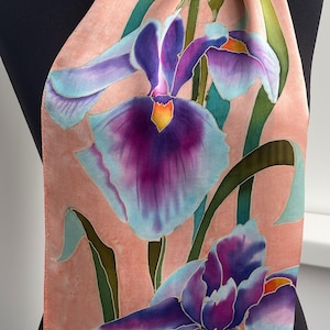 Hand Painted Silk Scarf Irises Natural Satin Gift Ideas for Women Unique Gift.