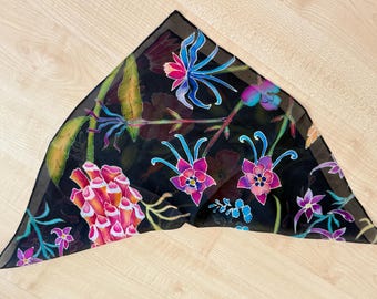 Small Handmade Silk Scarf “Night Flowers”—100% Natural Silk