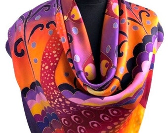 Hand Painted Silk Satin Scarf Peacock Gift for Her 36/36 Christmas gift.