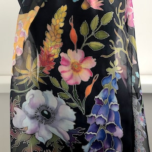 Silk Scarf &quot;Botany on Black&quot;, hand painted silk chiffon scarf, garden flowers scarf, silk summer shawl, scarves for her.