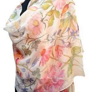Hand painted Botany silk chiffon scarf, garden flowers scarf, silk summer shawl, scarves for her, silk scarf with flowers.