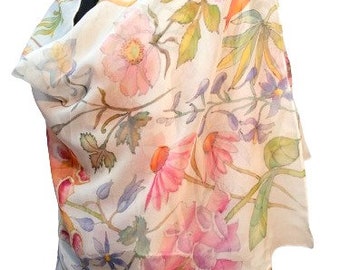 Lenço de chiffon de seda pintado à mão com estampa botânica, lenço com flores de jardim, xale de seda para o verão, lenços femininos, lenço de seda com flores.