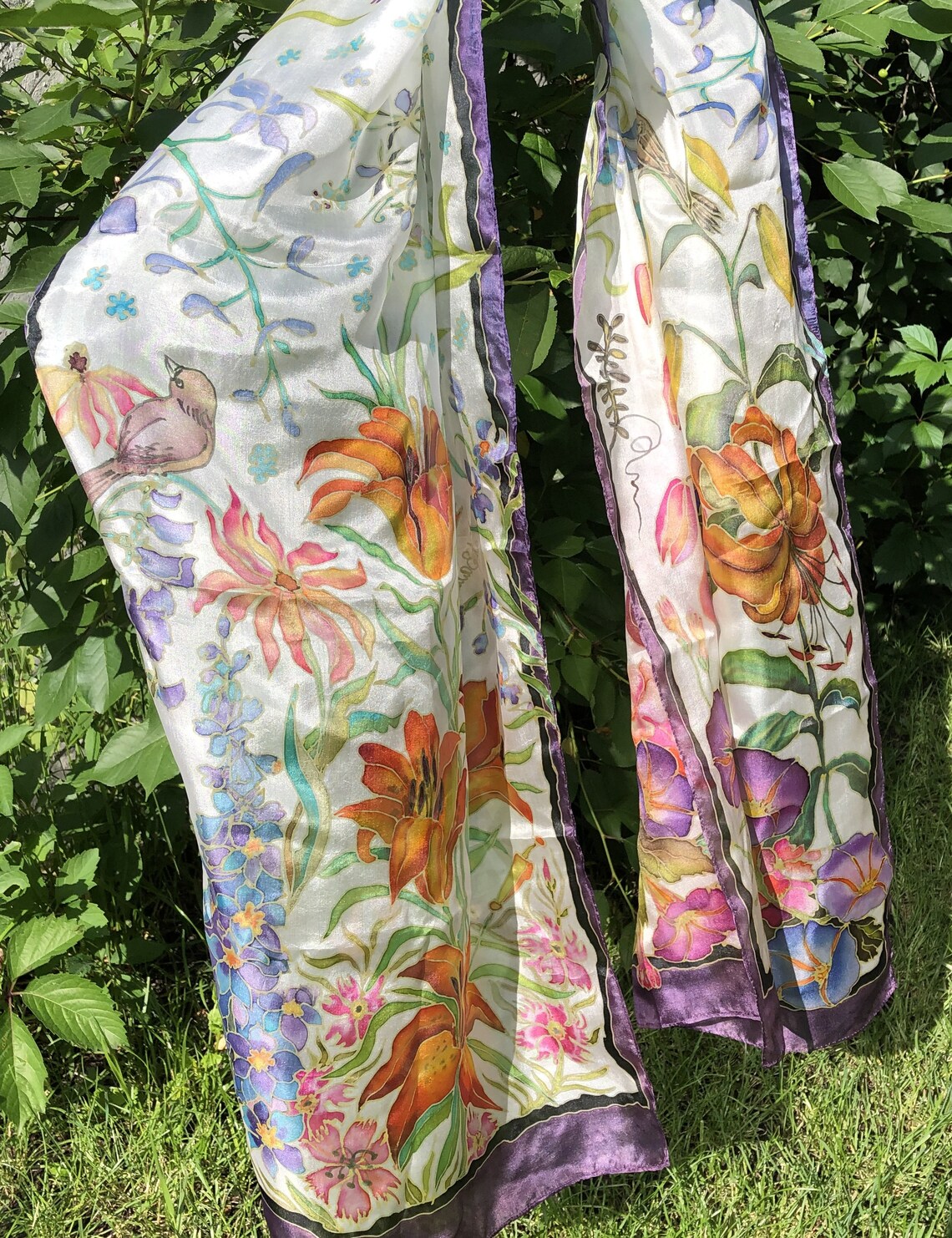 Silk Scarf June Flowers, Natural Motiv Silk Scarf, Hand Painted Silk ...