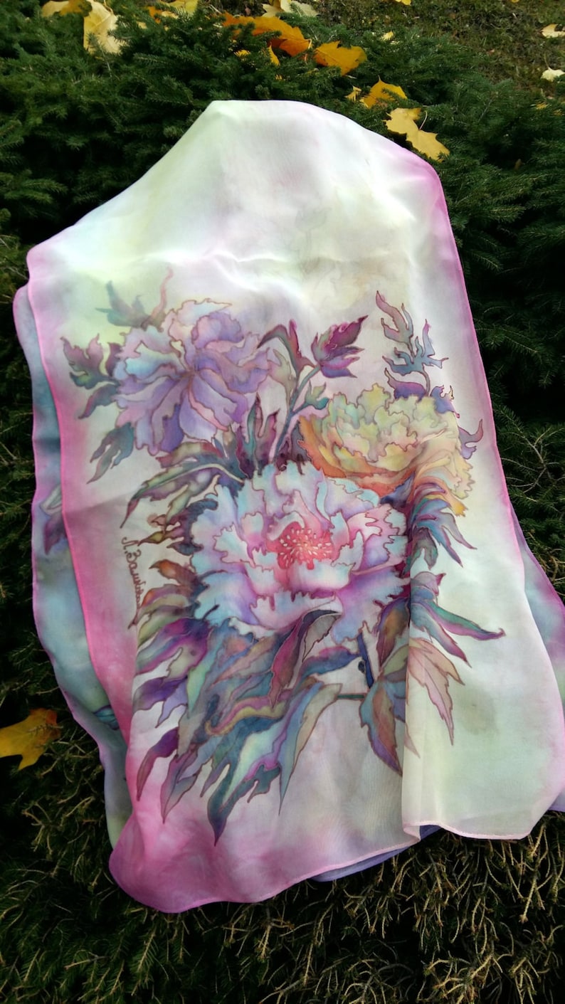 PAINTING SILK SCARF. Handmade Silk Scarf. Peonies. | Etsy