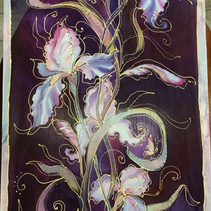 Silk scarf irises, silk scarf handpainted, flowers silk chiffon scarf, silk scarf for her, purple silk scarf, silk scarves.