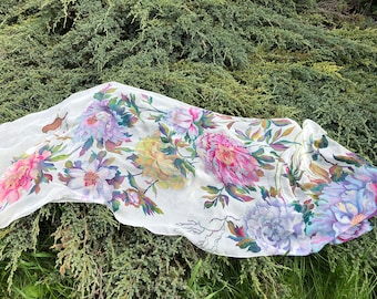 Hand Painted Silk Shawl Peonies on White, Silk Scarf Flowers Peonies, Wedding Silk Scarf.