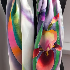 Iris Batik Silk Satin Scarf, Hand Painted Silk, Gift Women, Wedding Silk Scarf.