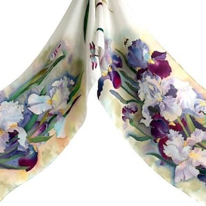 Hand painted natural silk scarf Irises in white and purple tones, a unique luxurioumen&#39;s gift.