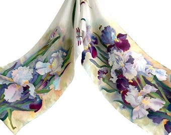 Hand painted natural silk scarf Irises in white and purple tones, a unique luxurioumen&#39;s gift.
