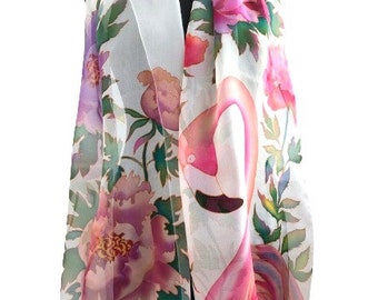 Silk scarf Flamingo in peonies, Silk Scarf Handpainted, Flamingo scarf, Flowers silk scarf, Gift woman.